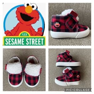 Elmo Buffalo Plaid Sherpa Lined Hi Top Sneakers. Red/Black Plaid w/Velcro. Sz 2W